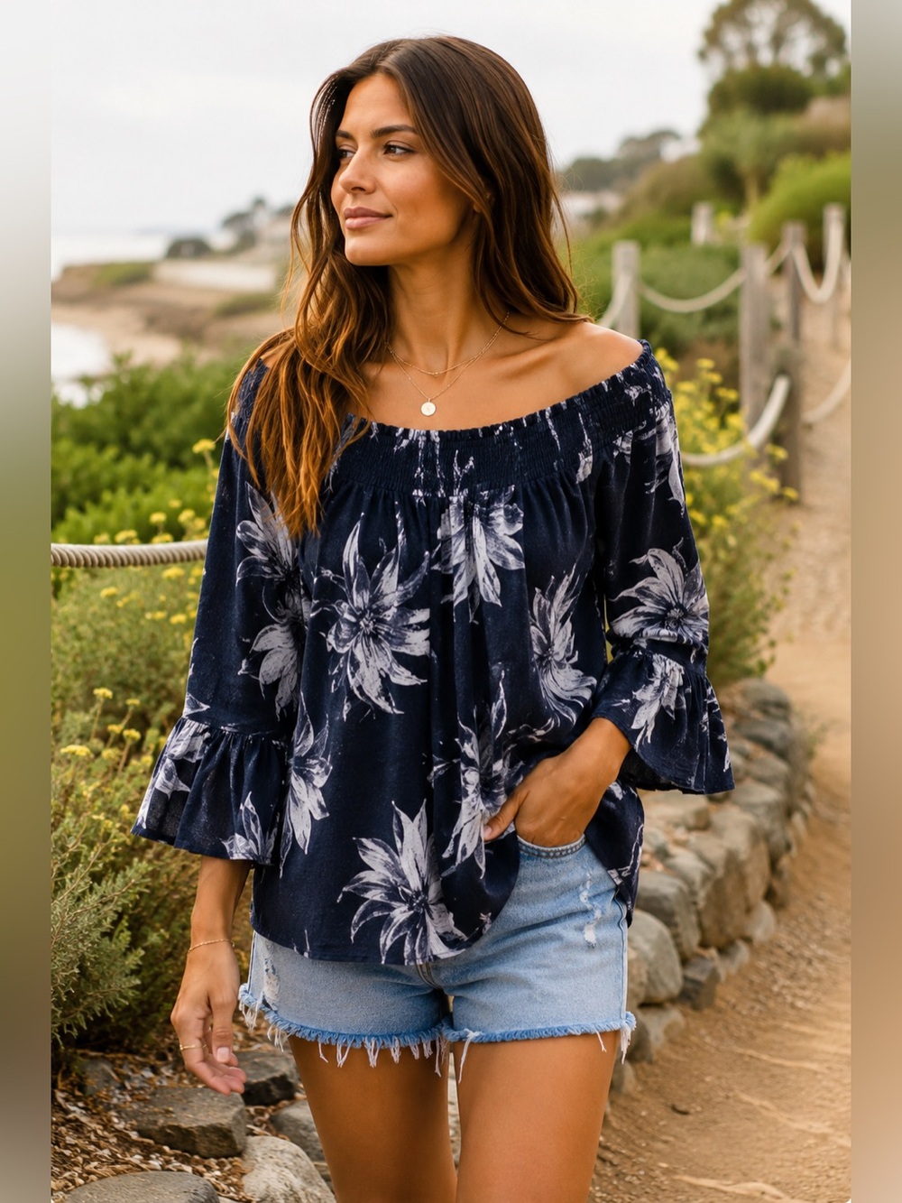 Roxy Floral Boho Off Shoulder 100% Viscose Blouse Size L